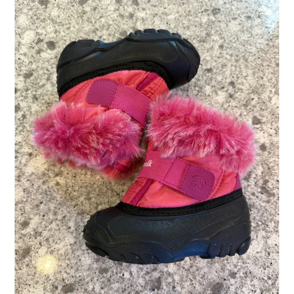 Kamik Kids Pink Black Faux Fur Trim Waterproof Winter Snow Boots Size 7 Toddler